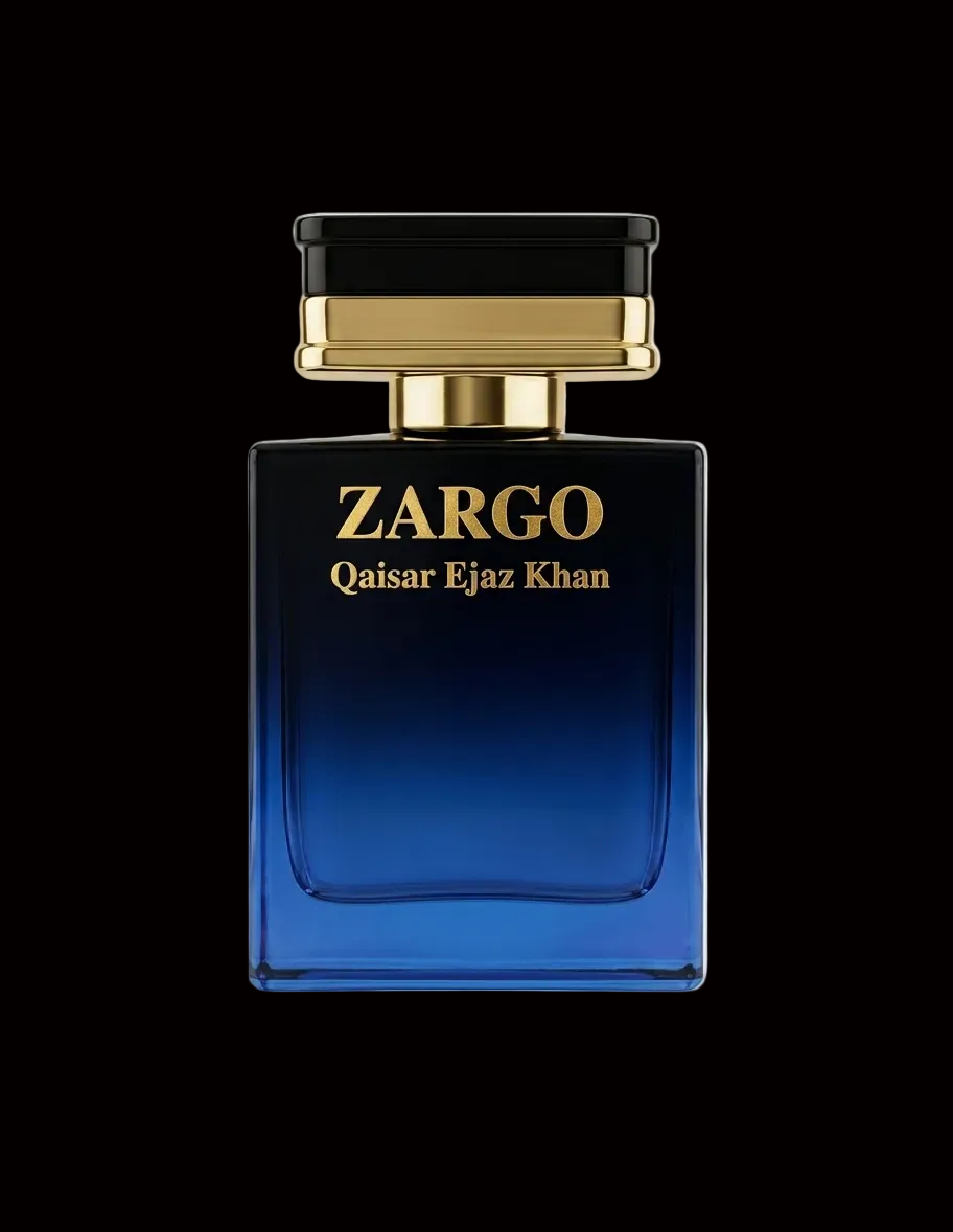 Blue perfume bottle with gold cap on a white background